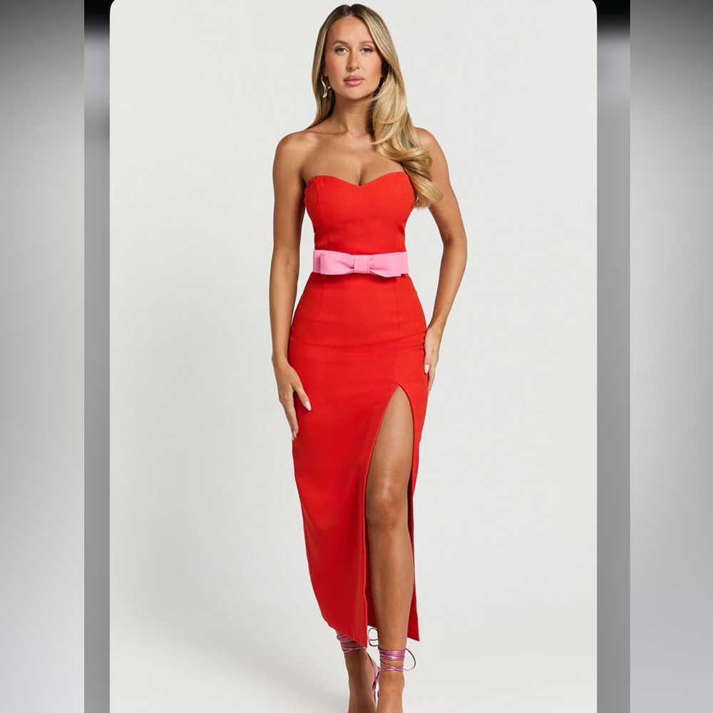 Sweetheart Strapless Bow Detail High Split Dress in Red
